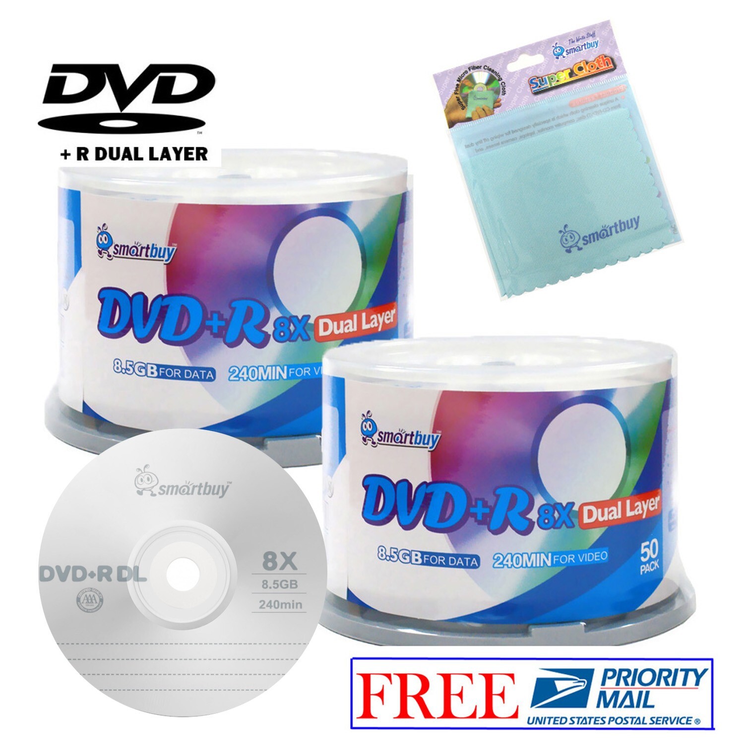100 Smartbuy DVD+R DL 8X 8.5GB Dual Layer Logo Blank Disc+FREE Micro Fiber Cloth