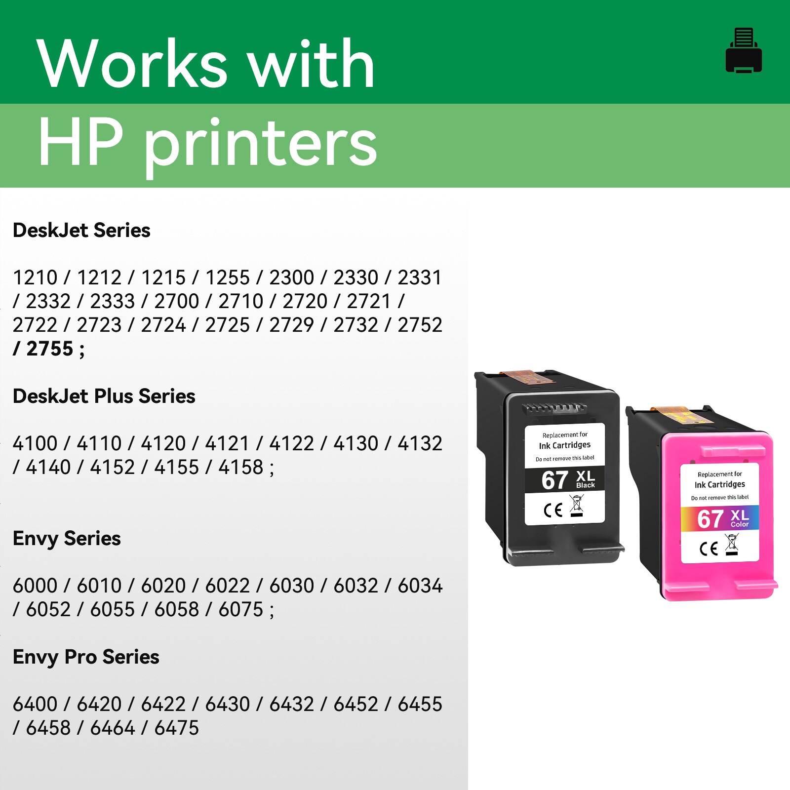 67XL Ink Cartridges for HP Ink 67 XL Deskjet 2752e 2755e 2800e 4152e 4155e 4100e