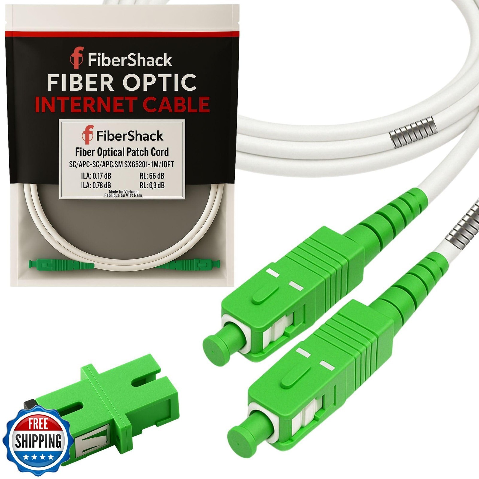 20M (65ft.) SC/APC to SC/APC Armored Patch Cable OM2 Single Mode 9/125um – White
