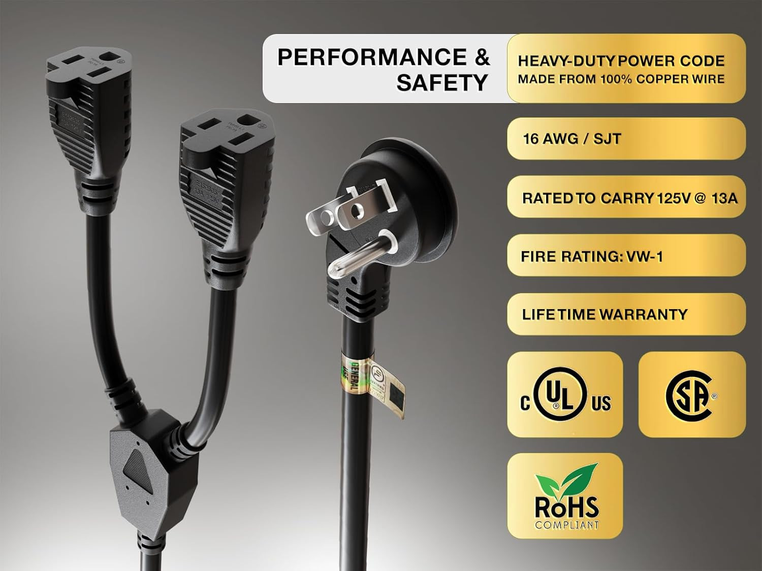 14 inches Ultra Low Profile Power Extension Cord Splitter Cable 16 AWG, Black