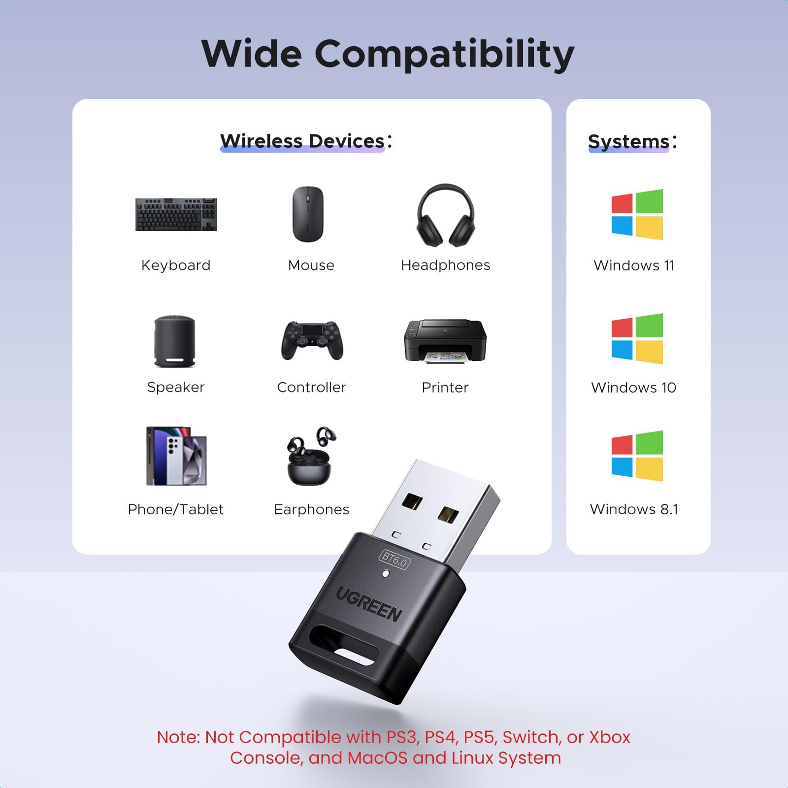 USB Bluetooth Adapter Bluetooth 6.0 Dongle Receiver EDR Ble for PC