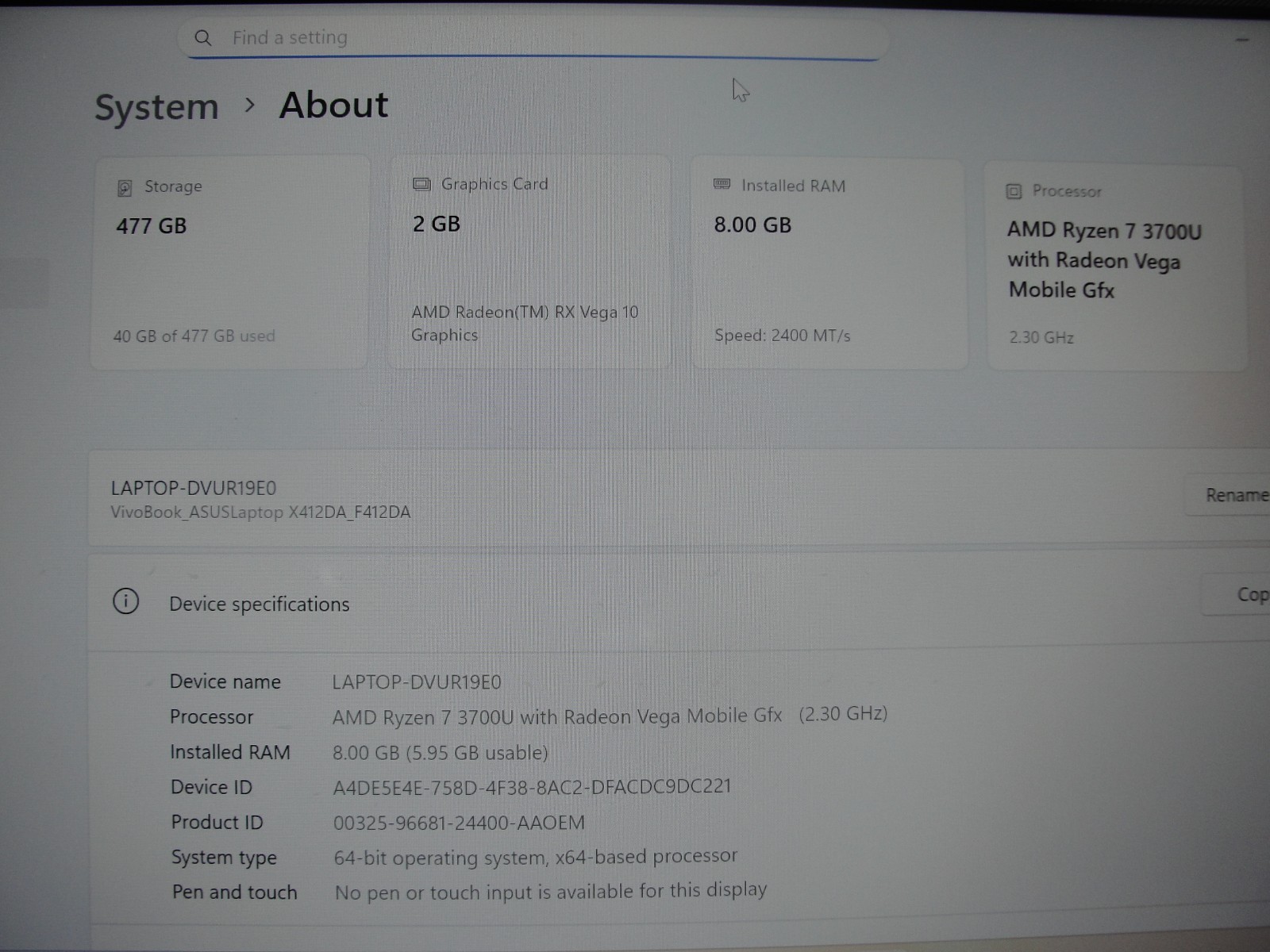 ASUS VivoBook F412DA 14″ FHD Ryzen 7 3700U 2.3GHz 8GB RAM 512GB SSD Win 11 Home