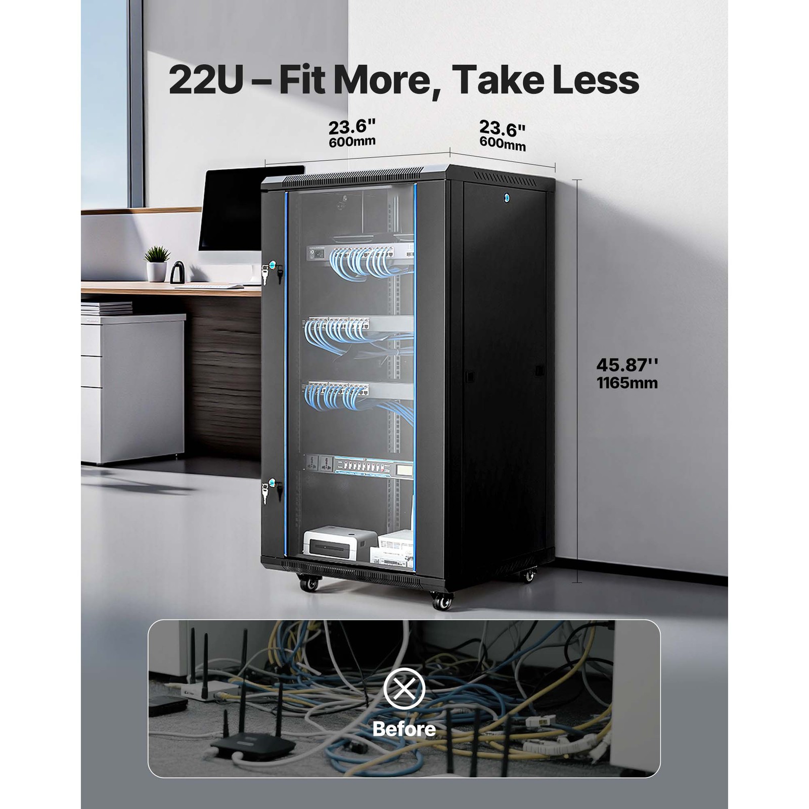22U Wall Mount Network Server Rack Cabinet Enclosure 23.6” Deep Door Lock