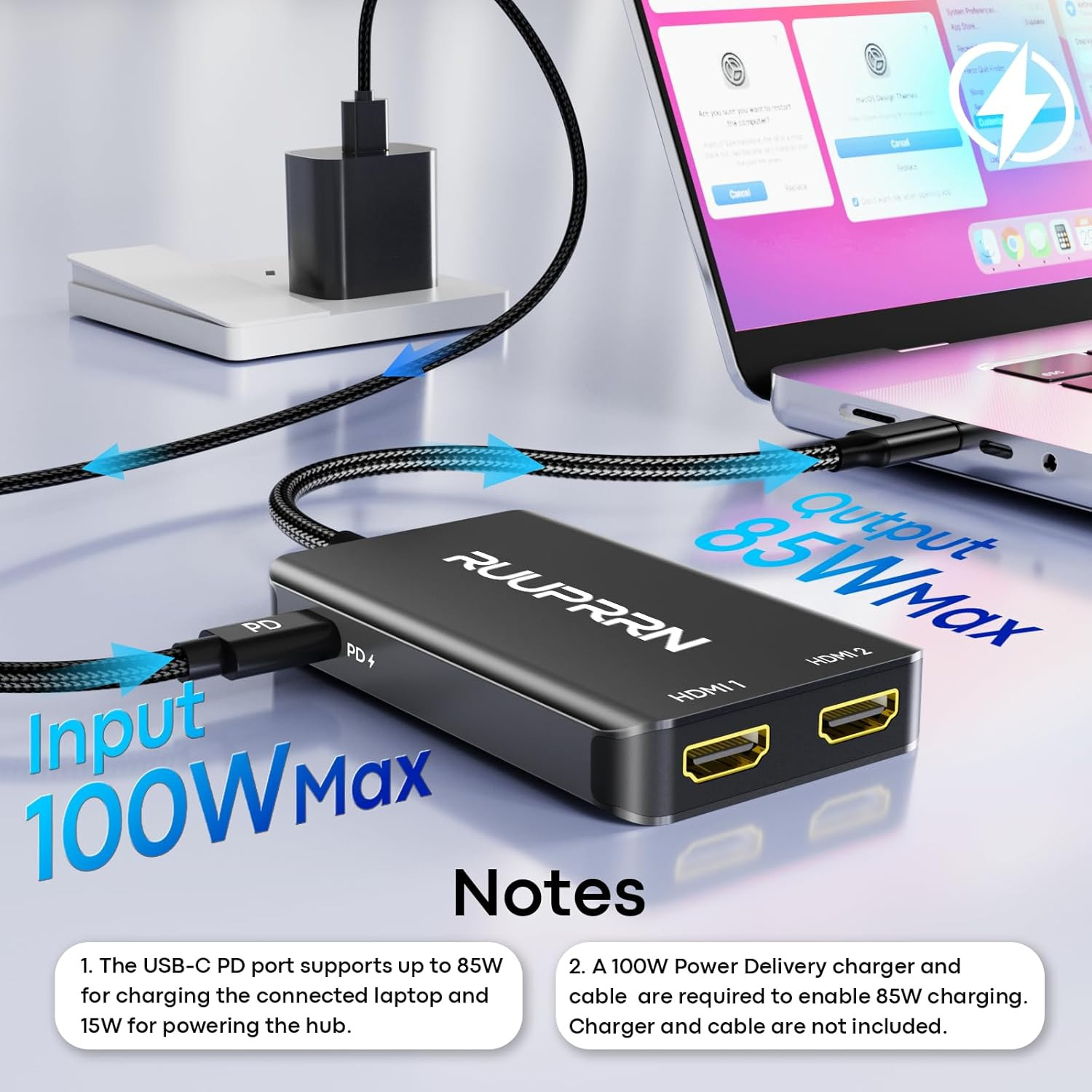 6-in-1 USB Hub (0.99FT), USB C to Dual HDMI Adapter 4K@60Hz, HDMI Splitter Exten