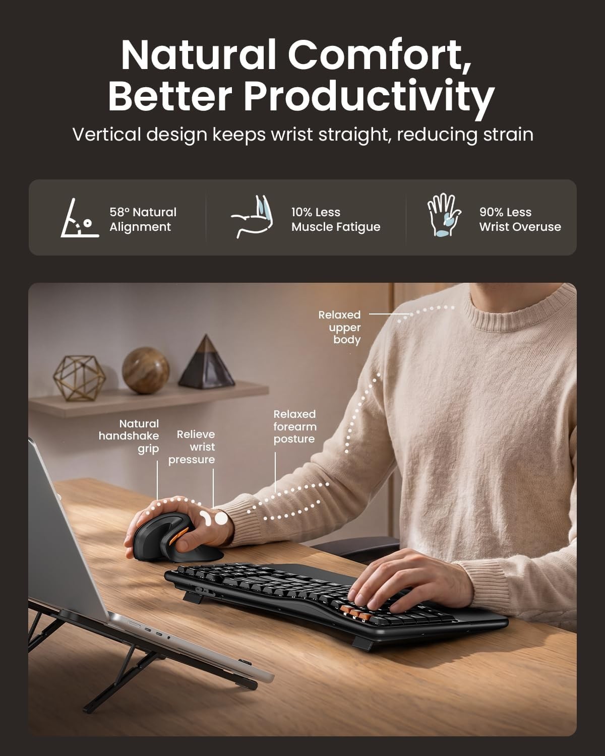 New – ProtoArc EKM02 Wave Keys Ergonomic Wireless Keyboard and Mouse (Black)