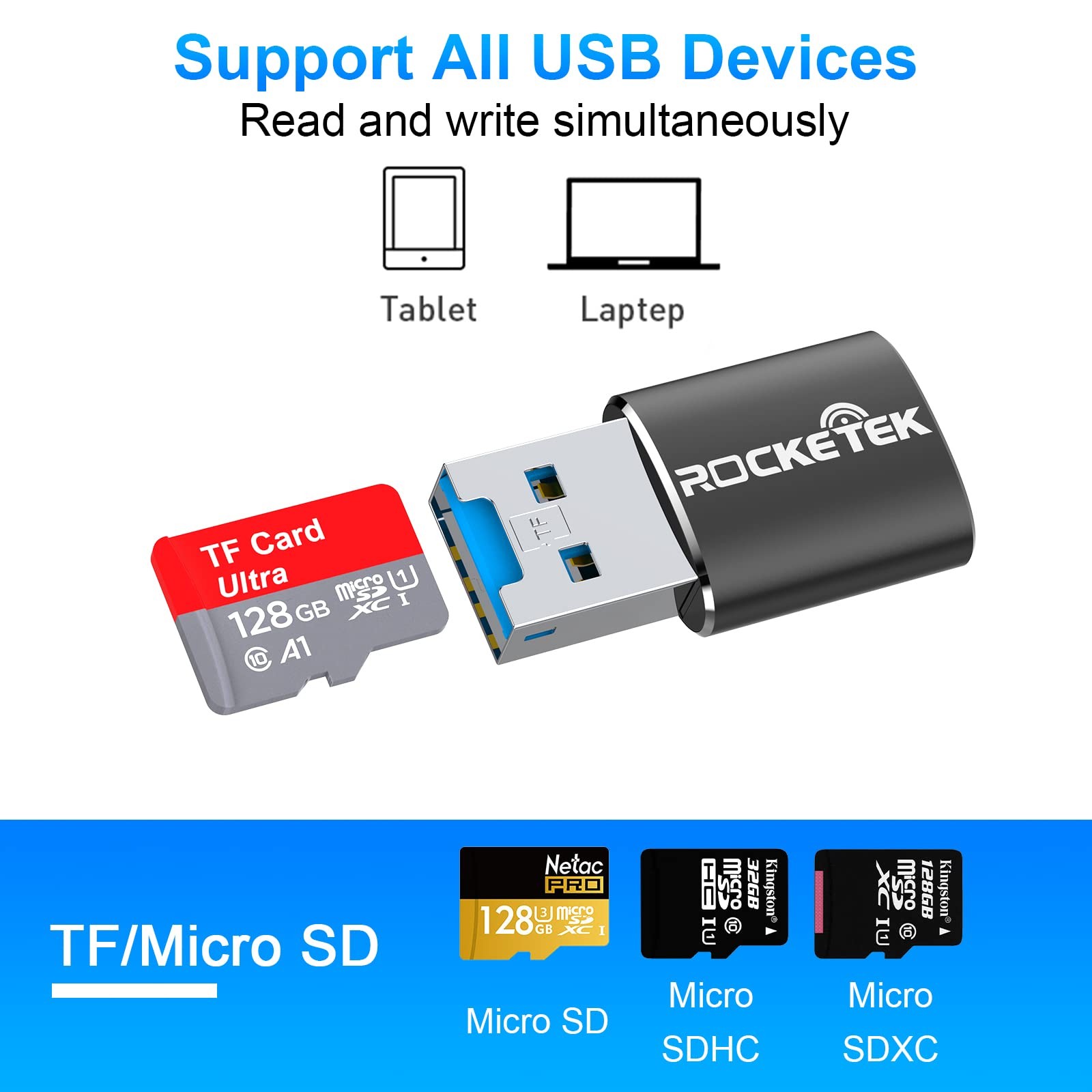 Rocketek Aluminum USB 3.0 Portable Memory Card Reader Adapter for Micro SD Ca…