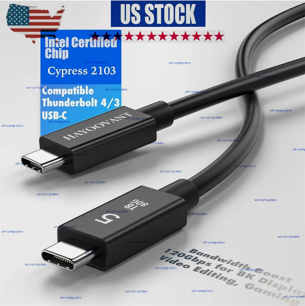 Thunderbolt 5 USB-C 5.0 Cable 3.3 ft 80Gbps PD 16K 240W Video Display UHD USK
