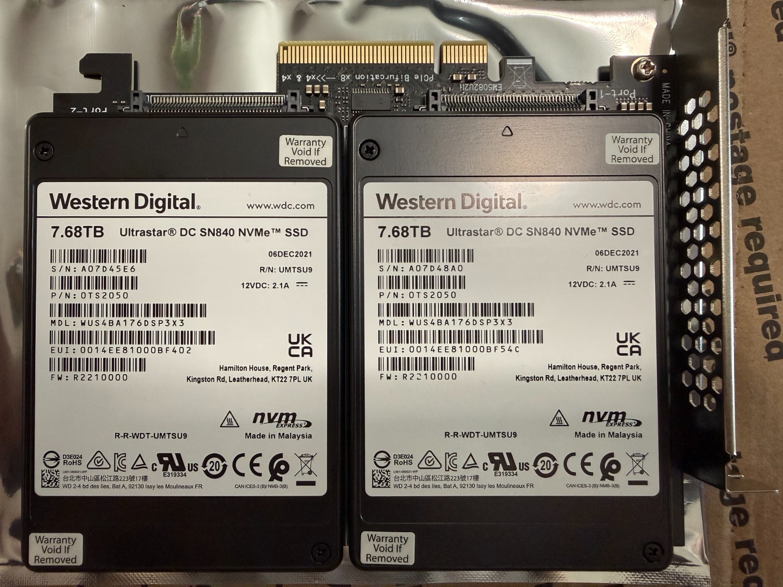 2x – WD Ultrastar DC SN840 7.68TB PCIe Gen3.1 x4 U.2 NVMe 2.5″ SSD, 0TS2050