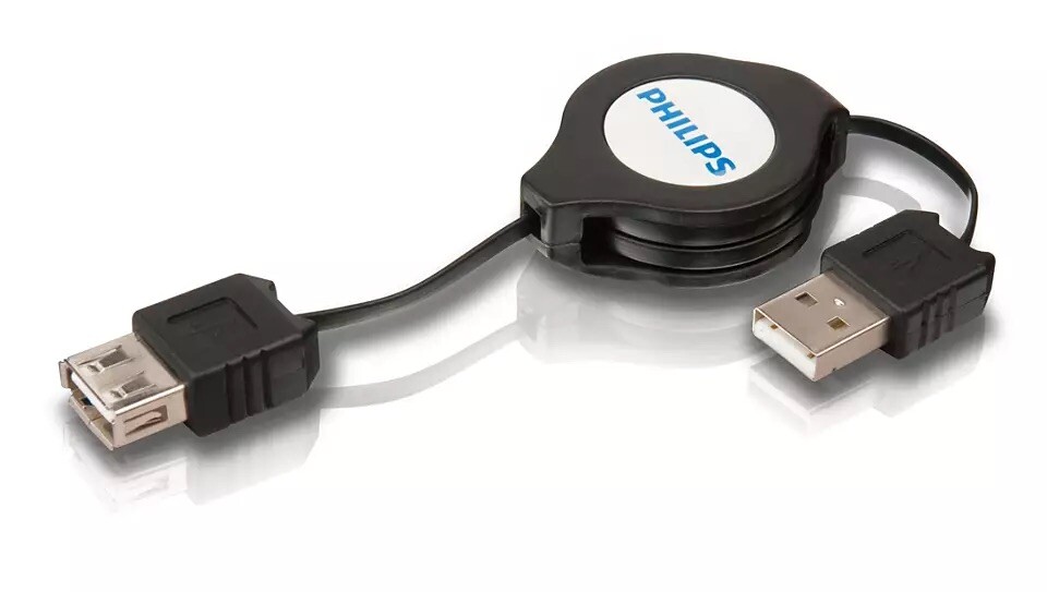 Philips Retractable USB Extension 3.2ft, USB A male/female + 4 USB Adapter Plugs