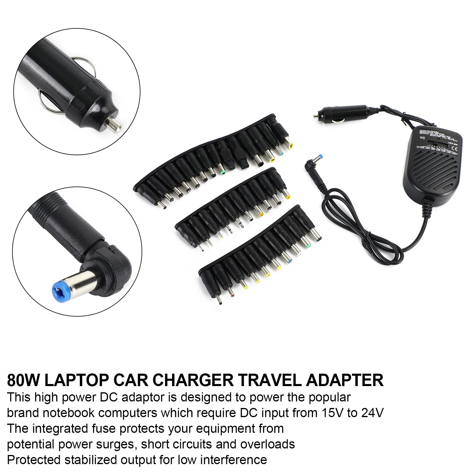 Car Laptop Notebook 12V 80W Univ Power Supply With Universal 34 Tips 12V 80W USA