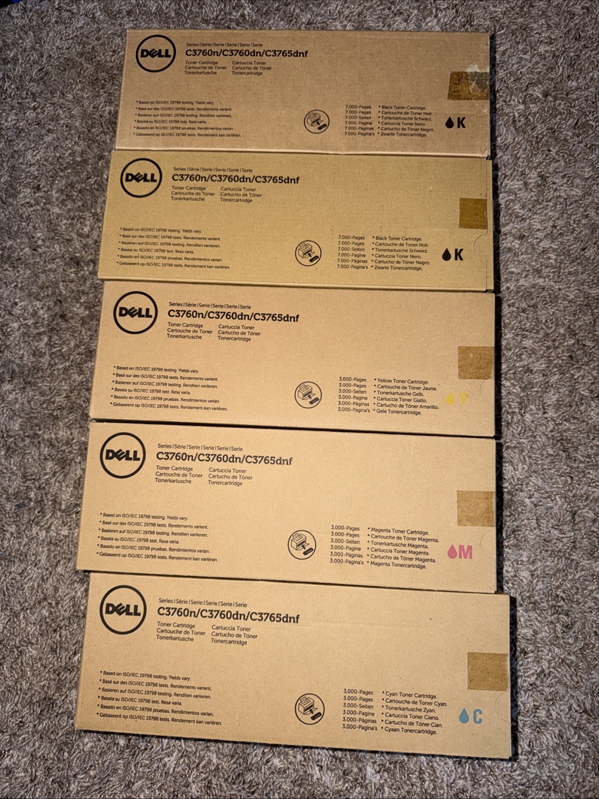 LOT OF 5! NEW* Dell C3760 Toners (Black 7000pgs, Colors 3000pgs) purchased 2024