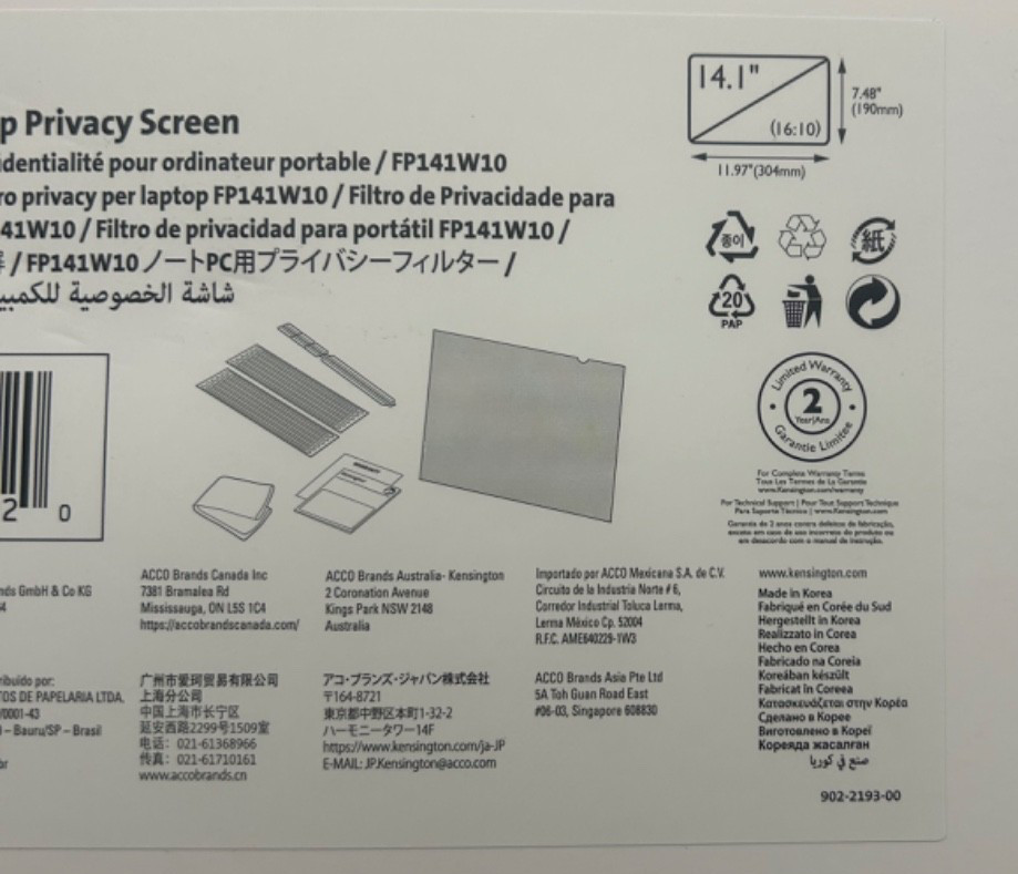 Kensington 14.1” Privacy Screen Filter for Lenovo T420 T430 HP 8460p 16:10