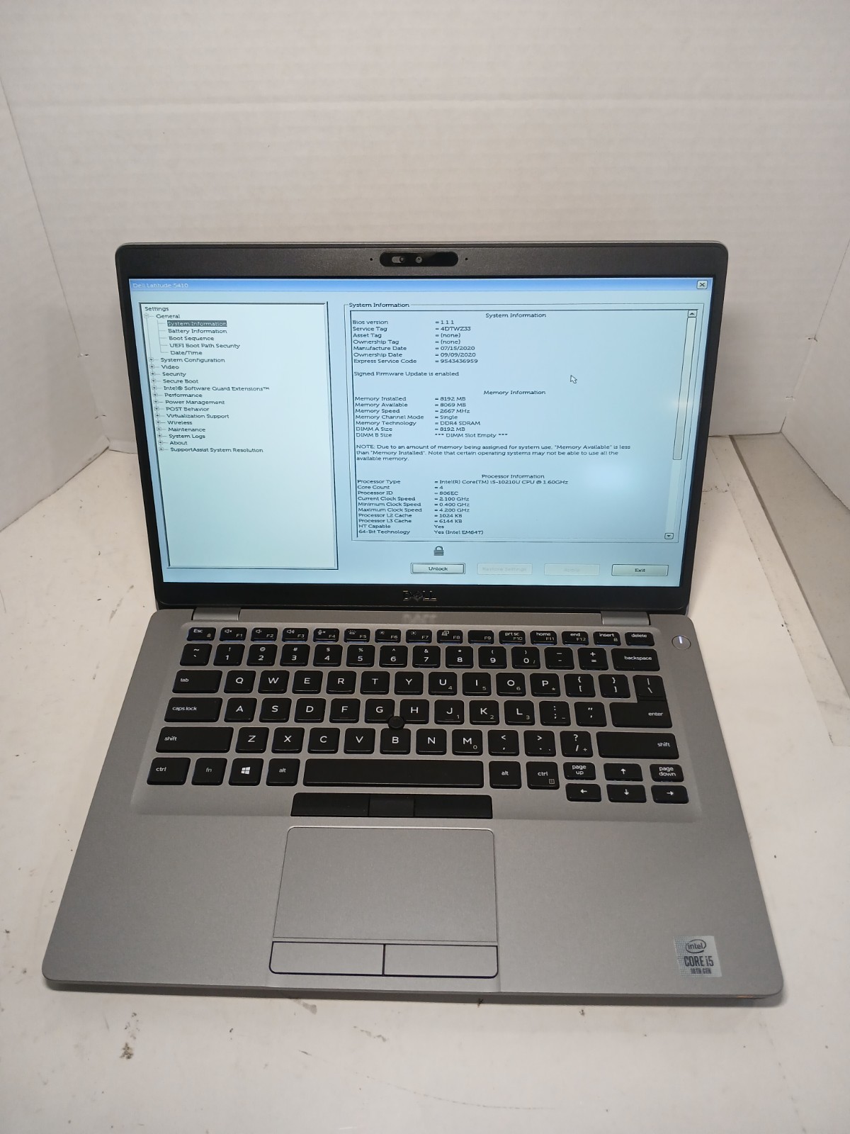Dell Latitude 5410 14″ Laptop i5-10210U 8GB No SSD/OS! BIOS PW!! #97