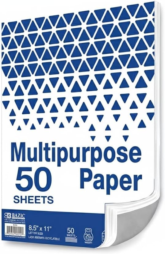 Bright White Multipurpose Paper – 20lb, 50 Sheets for Inkjet & Laser Printing