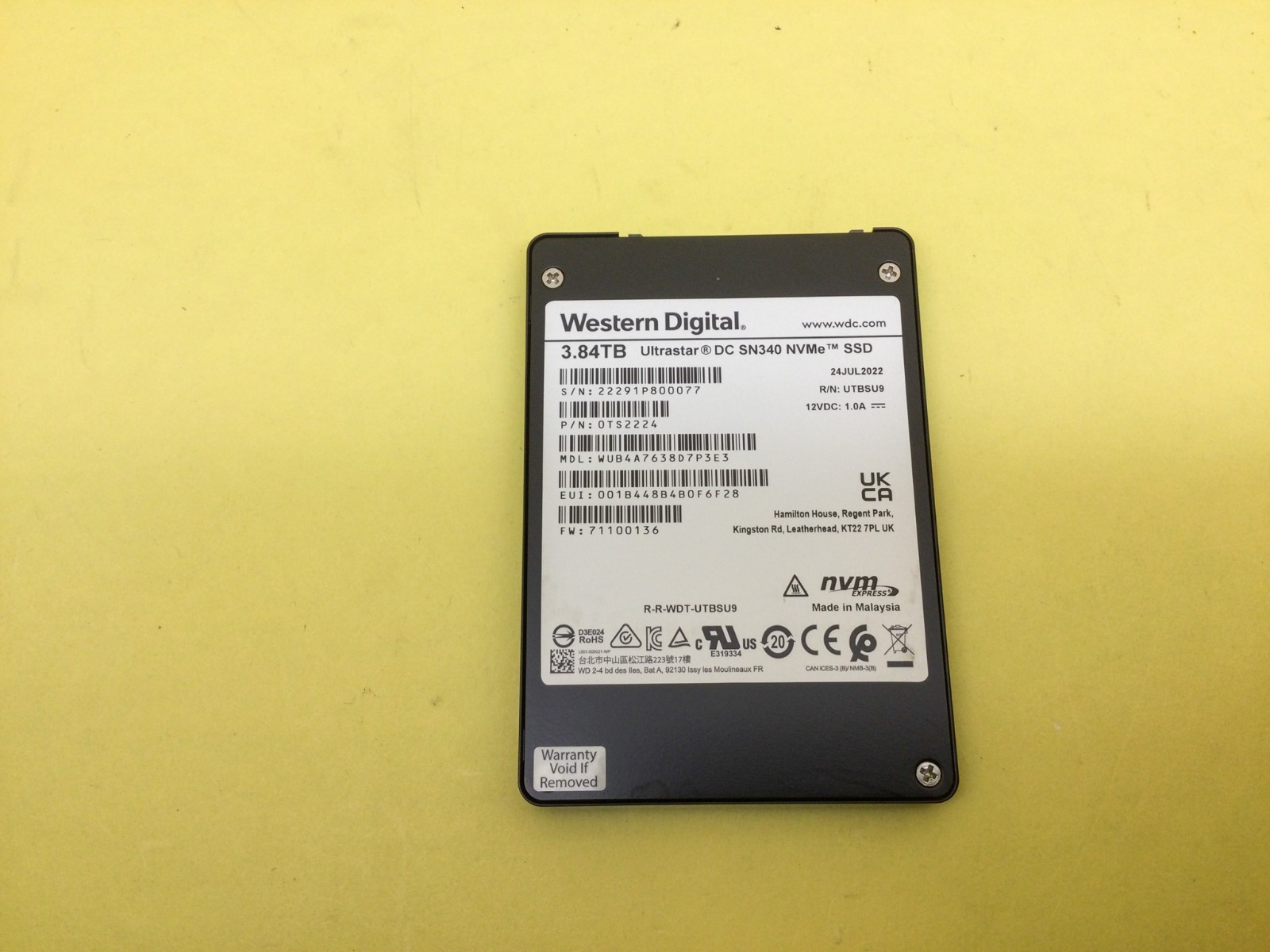 WD Ultrastar DC SN340 3.84TB NVMe PCIe U.2 2.5in SSD WUB4A7638D7P3E3 *Health 75%