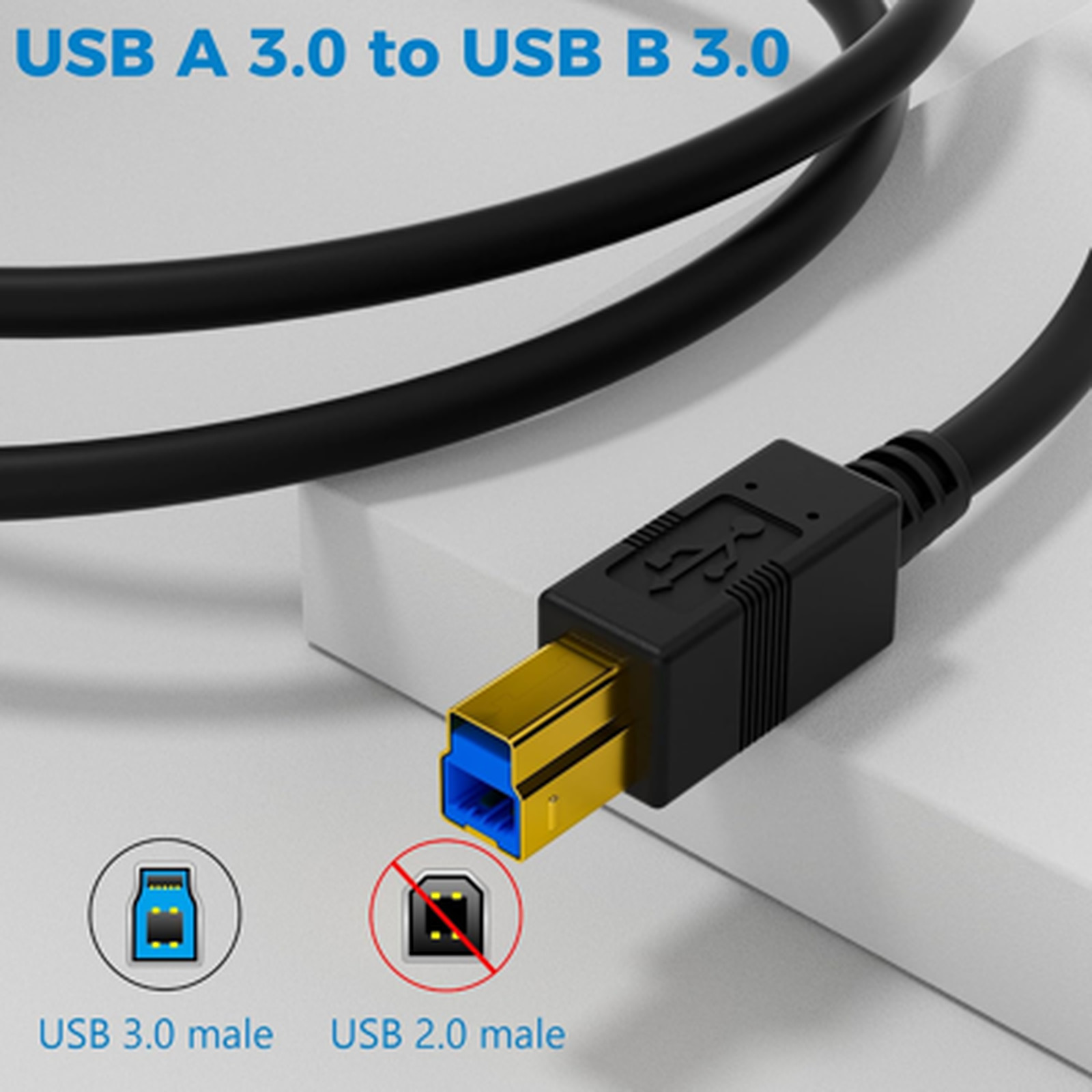 USB B 3.0 Cable 8 FT Gold Connectors for External Hard Drive Scanner Printer