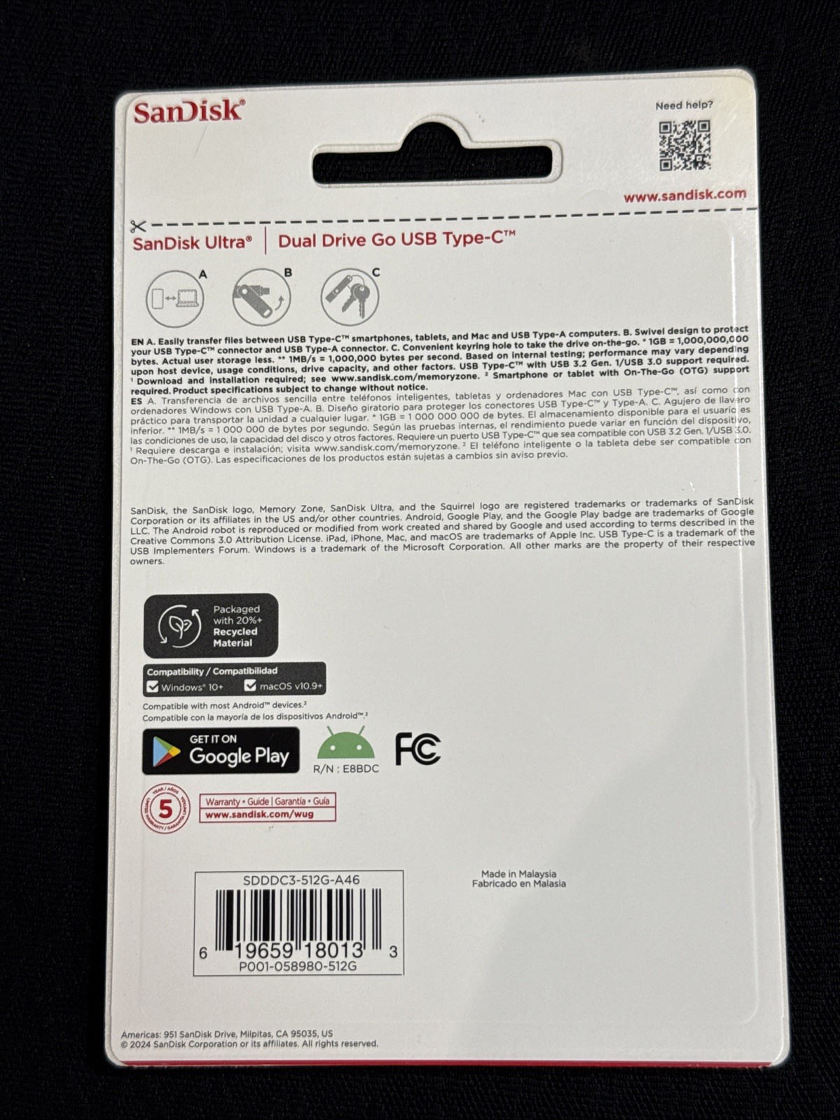 SanDisk – Ultra Dual Drive Go 512GB USB Type-A/USB Type-C Flash Drive – Black