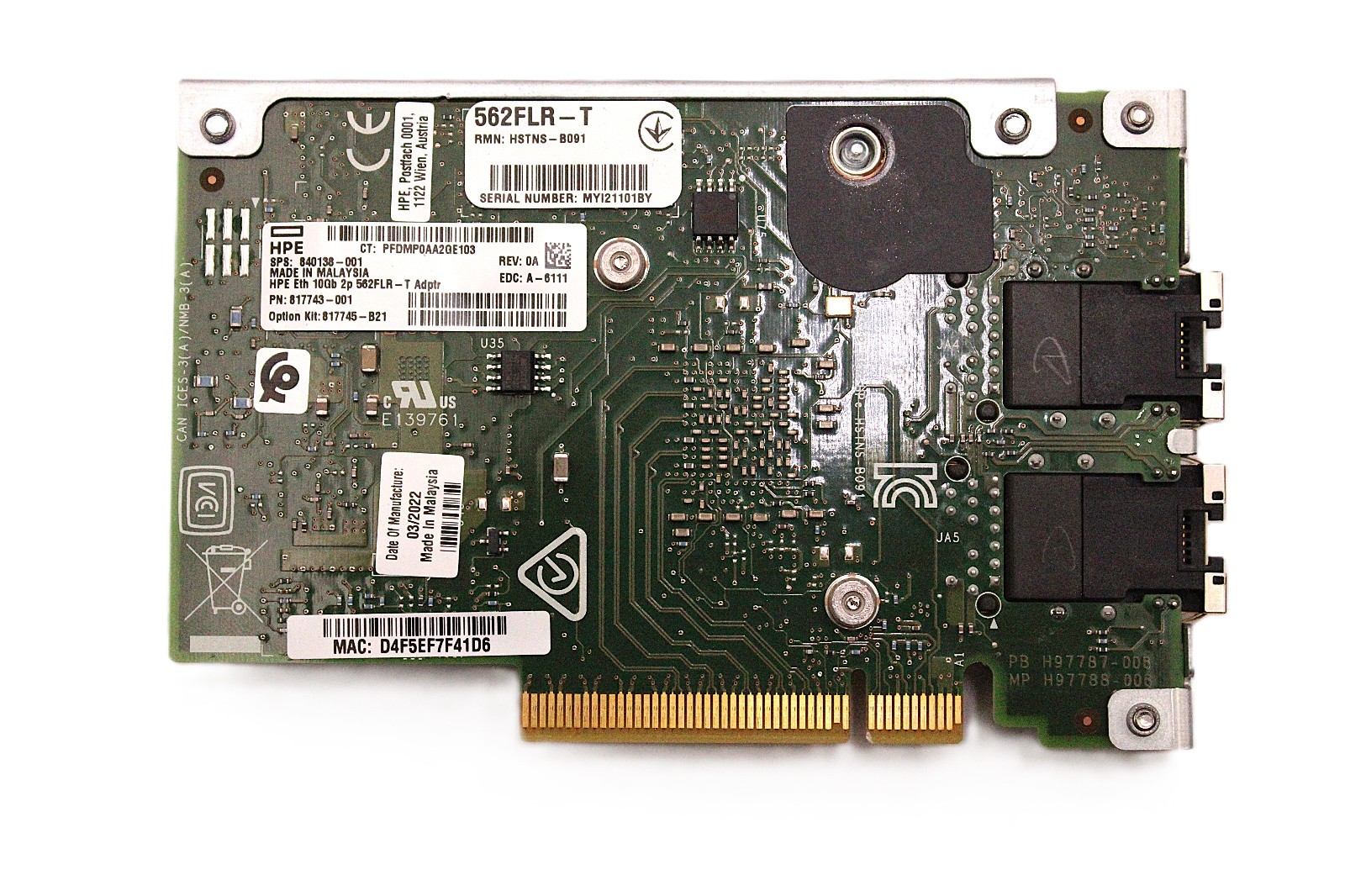 817745-B21 HPE 562FLR-T Dual-Ports 10Gbps PCI-E Network Adapter 840138-001