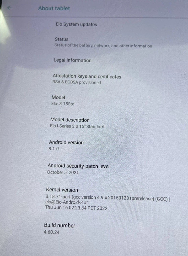 ELO 15.6” Android Tablet os 8.1 3GB Ram 32GB Wifi 2.0 GHz BT *No Battery*