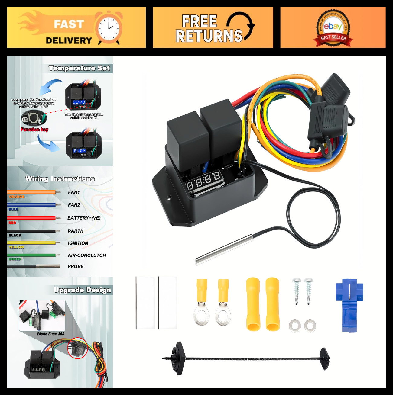 Digital Thermatic Fan Switch Kit 12V/24V, Adjustable Temp Range, Dual Electric F