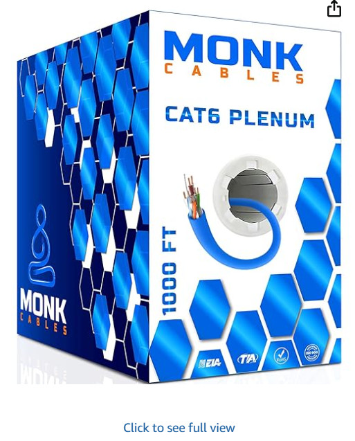 MONK CABLES CAT6 Plenum Cable 1000ft | UTP, 23AWG, 550MHz | DSX-8000 Certified