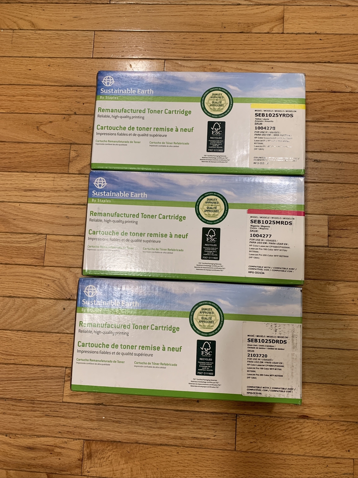 (3) HP CE312A CE313A CE314A Tri Color Toner Cartridges 126A Set NEW NIB Staples