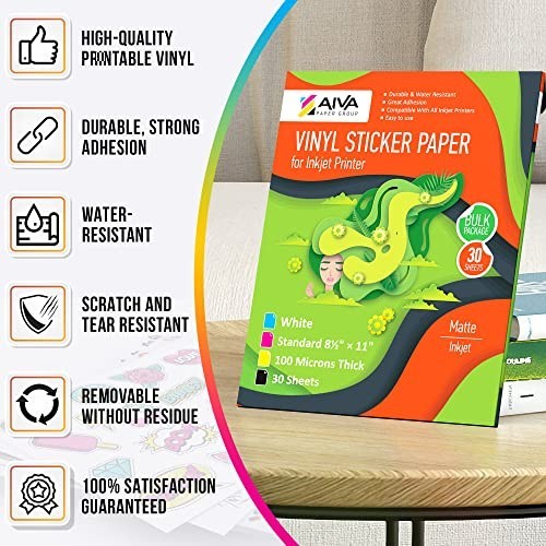 Printable Vinyl Sticker Paper 30 Sheets Matte White 8.5×11 Waterproof for