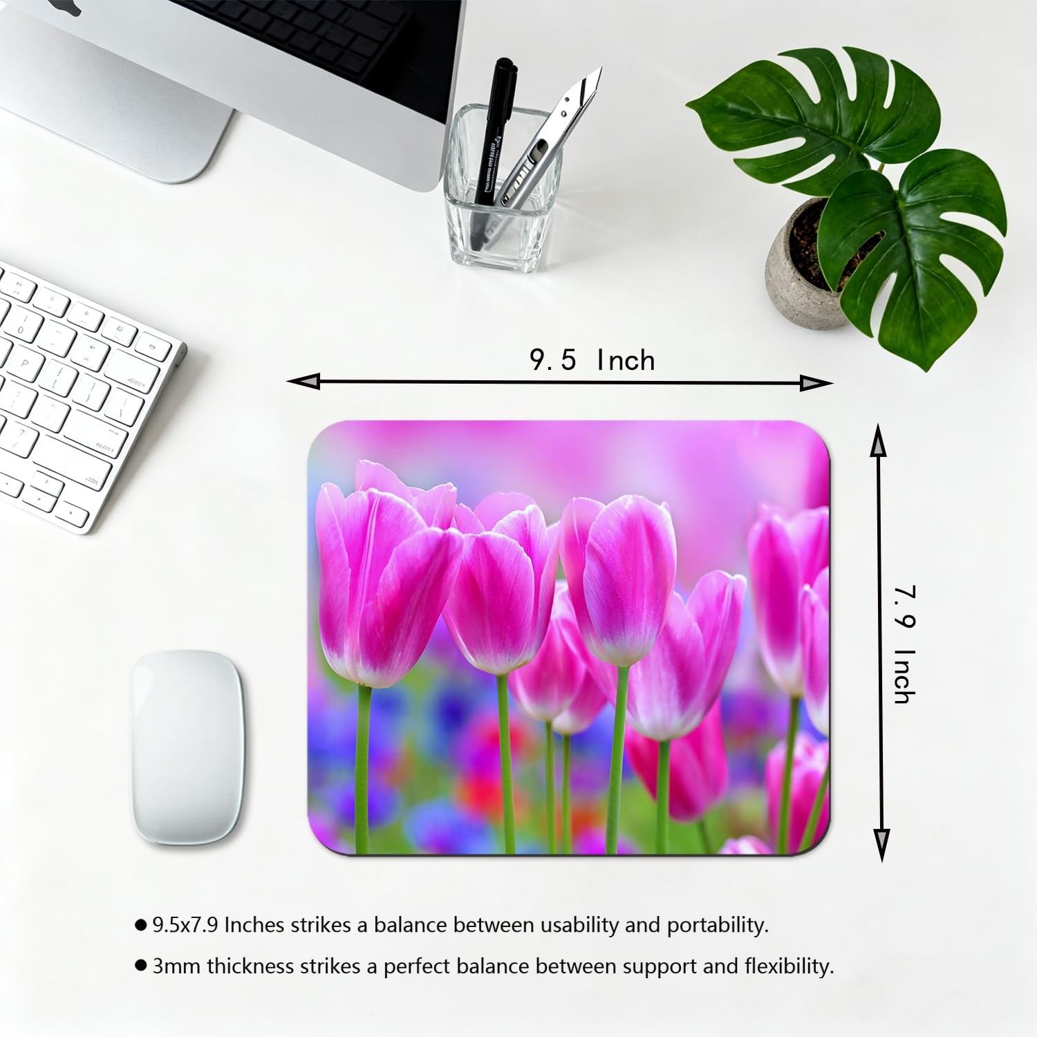9.5×7.9 Inch Office/Gaming Mouse Pad, Blossoming Pink Tulips Flowers in a Vib…