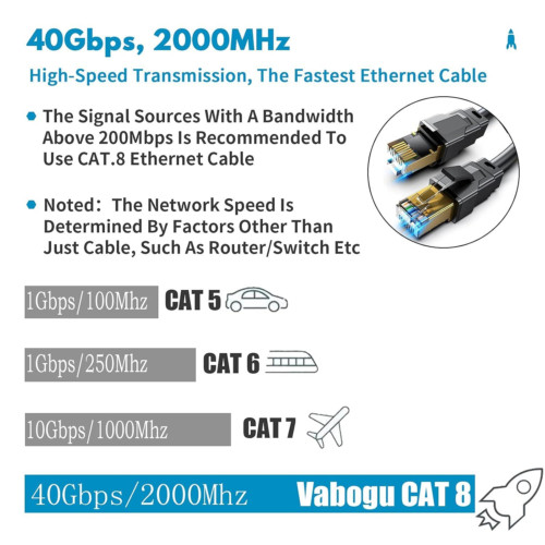 Cat 8 Ethernet Cable, 10ft Heavy Duty High Speed Internet Network 10FT-CAT8