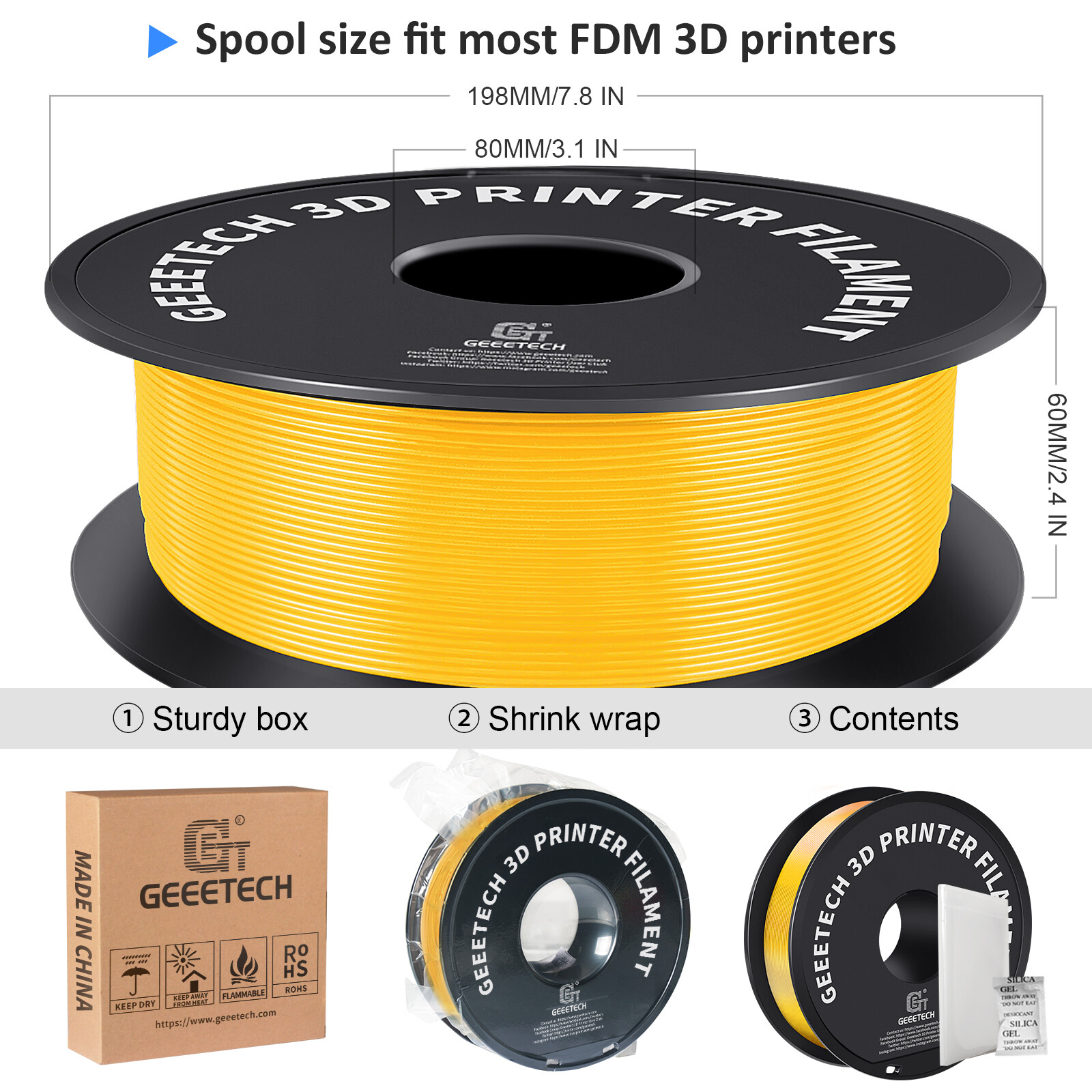 GEEETECH 3D Printer Filament Regular PLA Yellow 1.75mm 1KG/Roll Consumables US