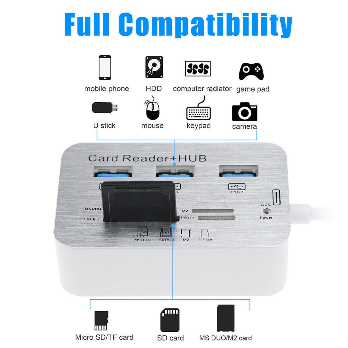 US Aluminum 3 Port USB 3.0 Hub MS SD M2 TF Multi-In-1 Memory Card Reader Adapter