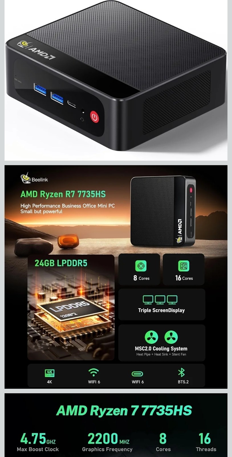 Beelink SEI Mini PC, AMD Ryzen 6800u (up to 4.75GHz), 24GB LPDDR5 500GB PCIe