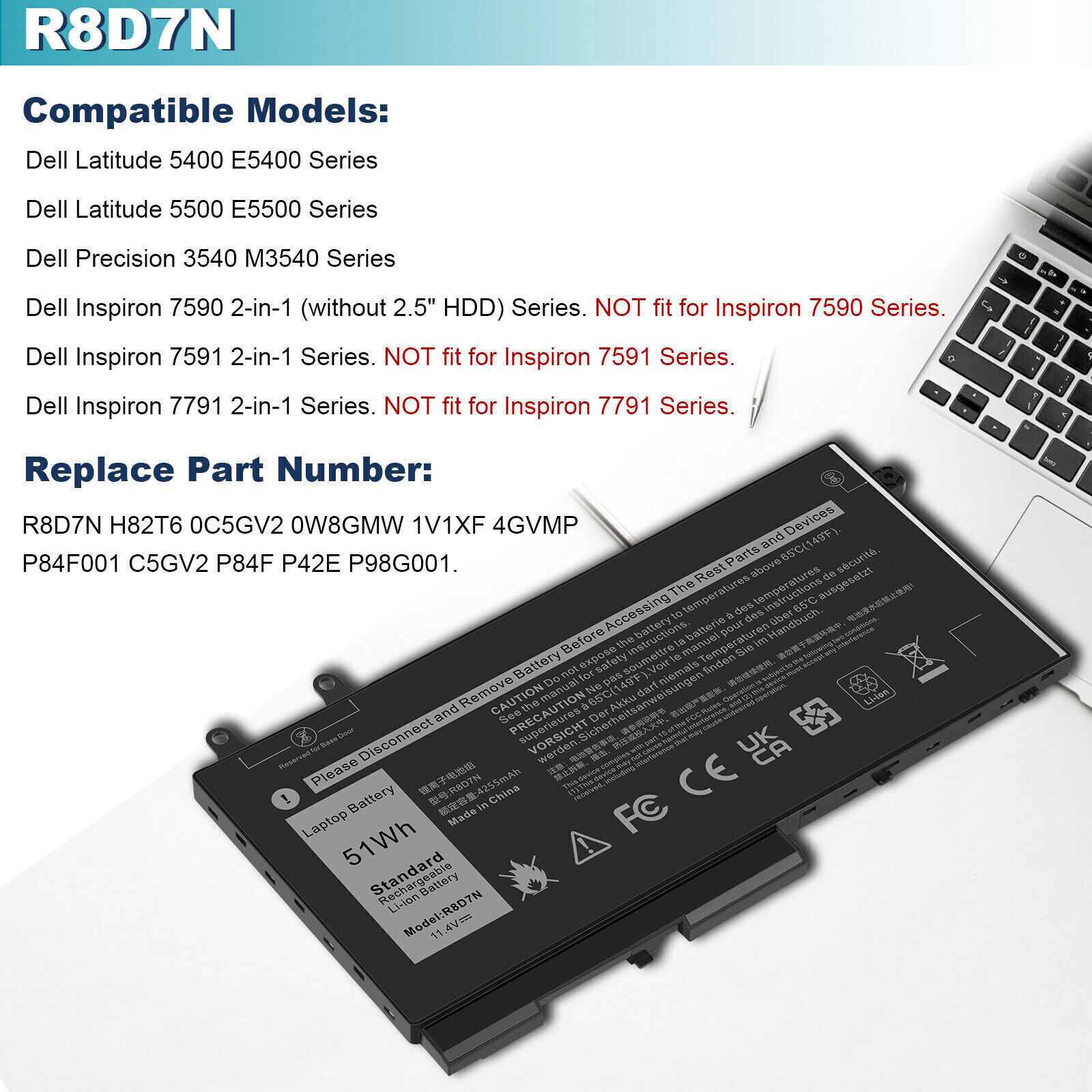 1V1XF 51Wh Battery Replacement for DELL Precision 3540 3550 Latitude 5400 R8D7N