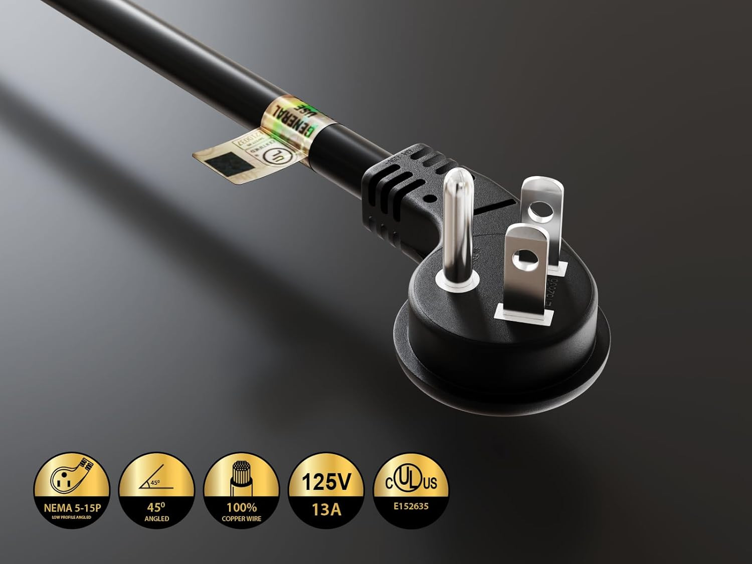 14 inches Ultra Low Profile Power Extension Cord Splitter Cable 16 AWG, Black