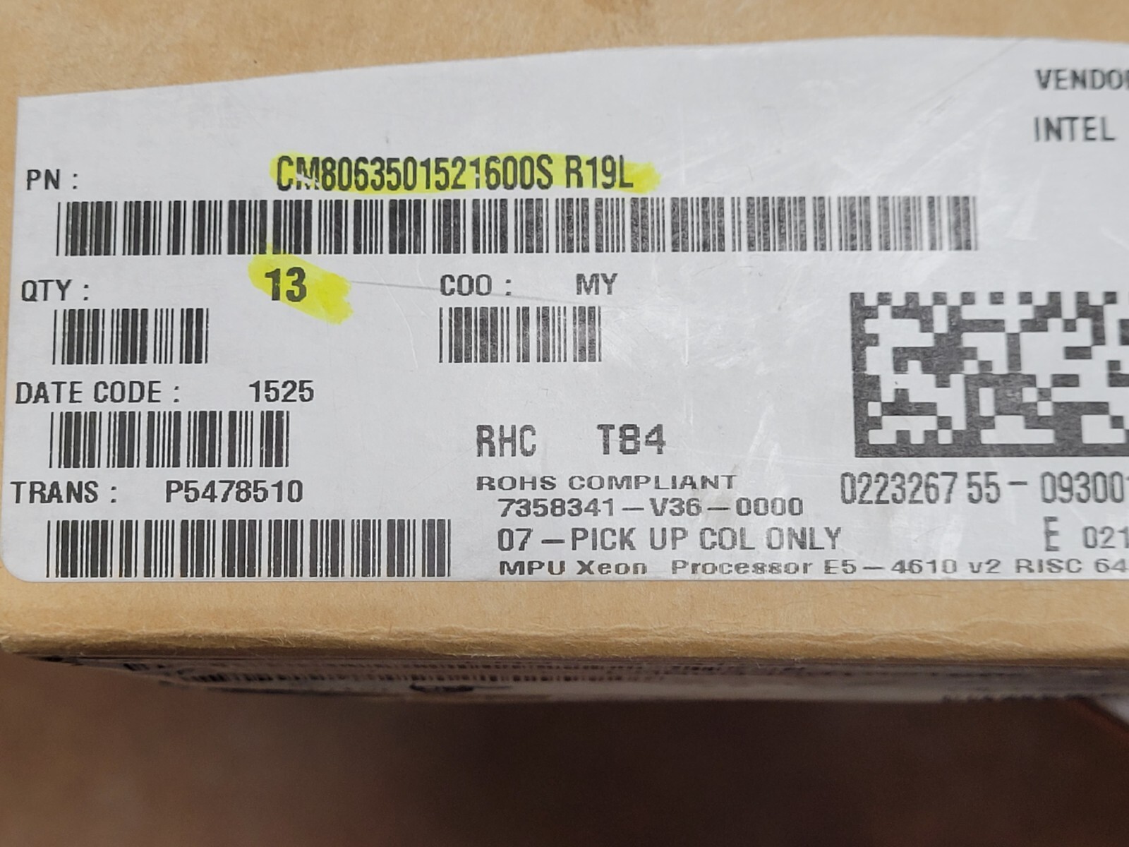 (1 PC) CM8063501521600SR19L INTEL E5-4610V2 2.3GHZ Embedded Microprocessors
