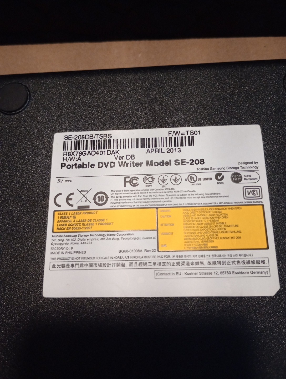 Samsung Portable DVD Writer Model SE-208