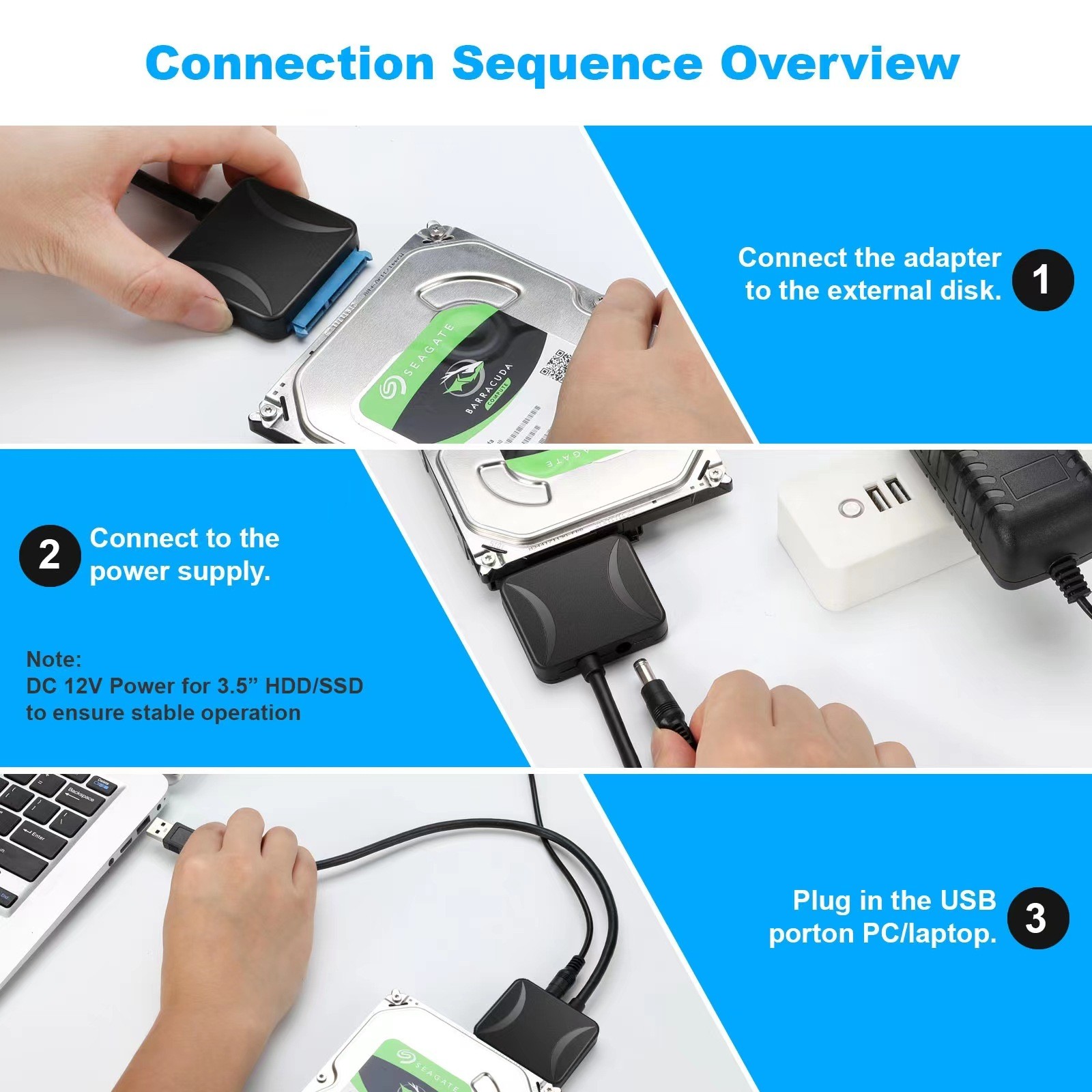USB 3.0 to SATA External Hard Drive Reader 2.5″ 3.5″ HDD SSD Power adapter LOT