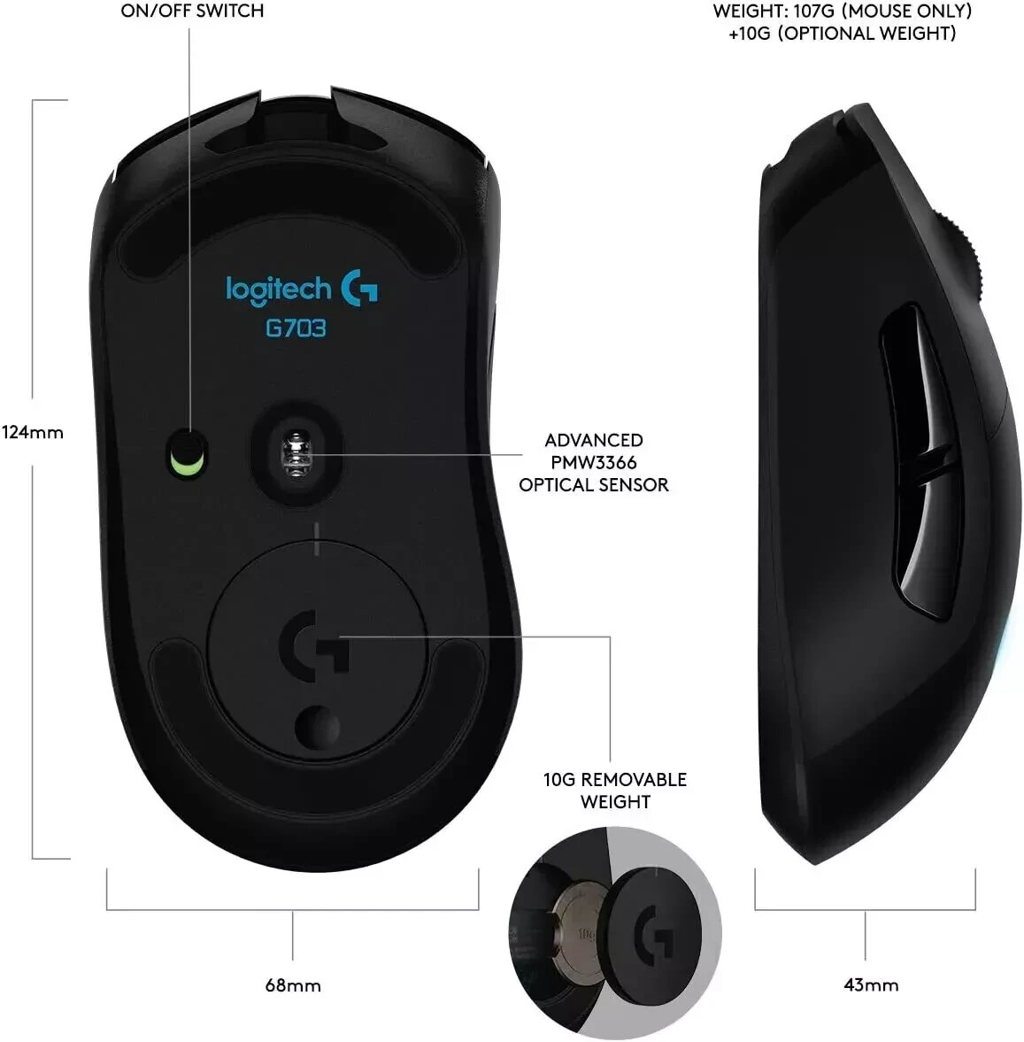 Logitech G703 RGB HERO 25K Sensor Lightspeed Wireless Gaming Mouse 910-005638