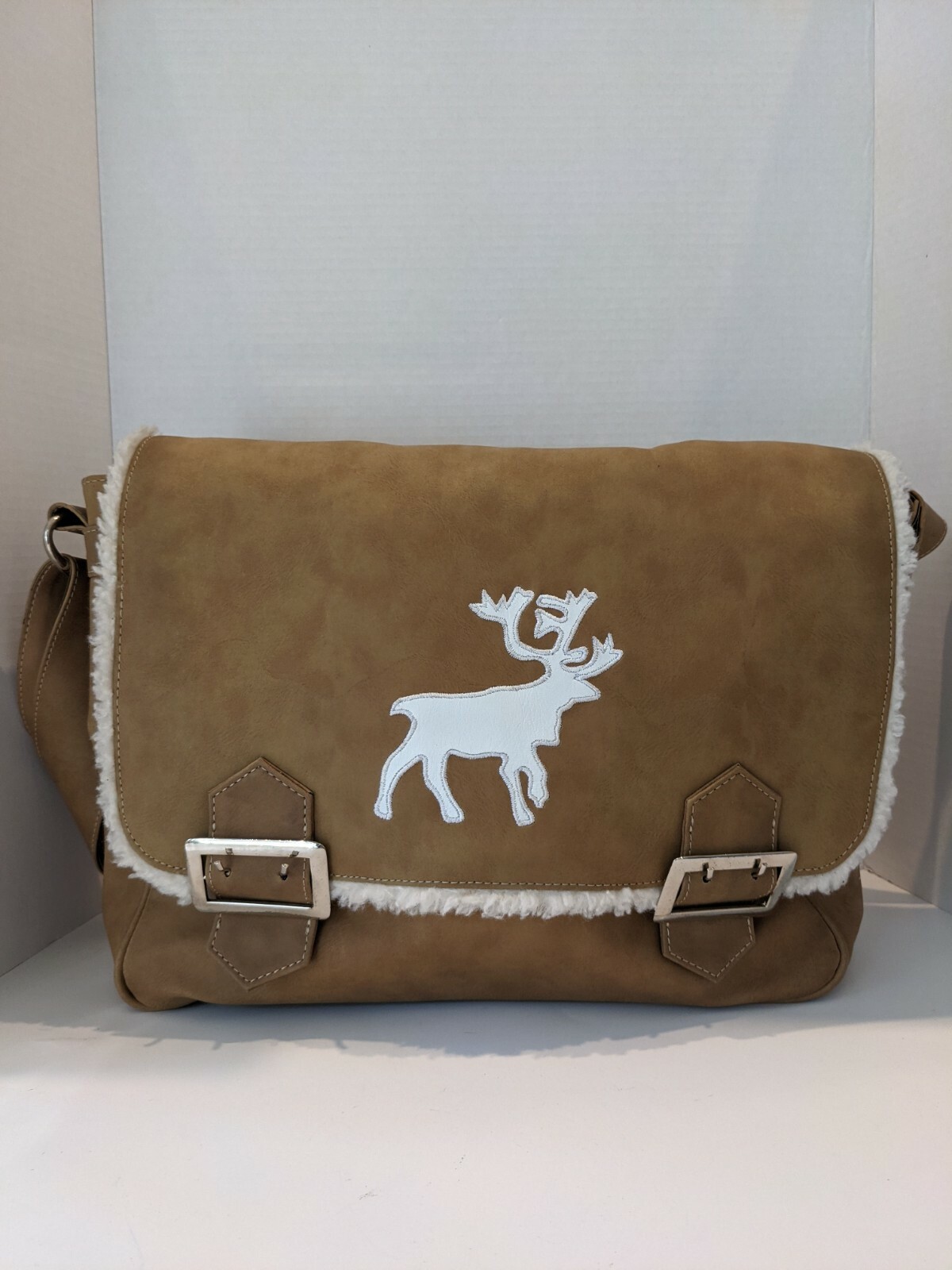 LAZIS Faux Suede Messenger /Computer Bag Sherpa Trim – Tan/Brown Unisex