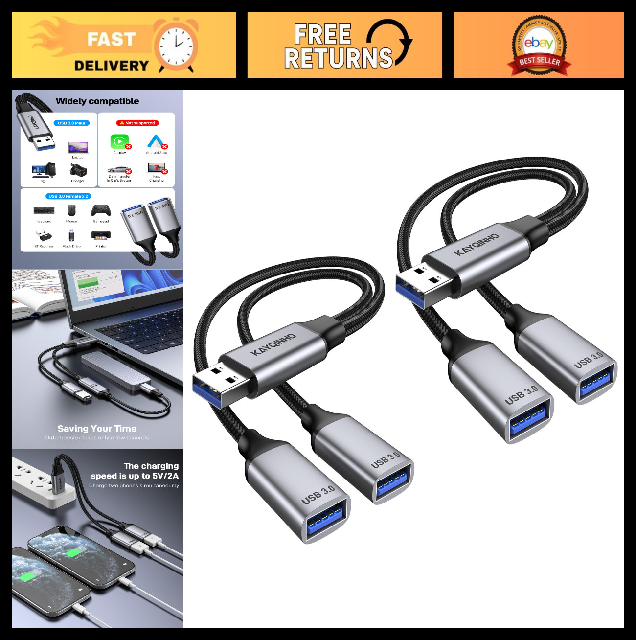 2 Pack USB 3.0 Y Splitter Hub, 1 Male to 2 Female Adapter Cable for Charging & D