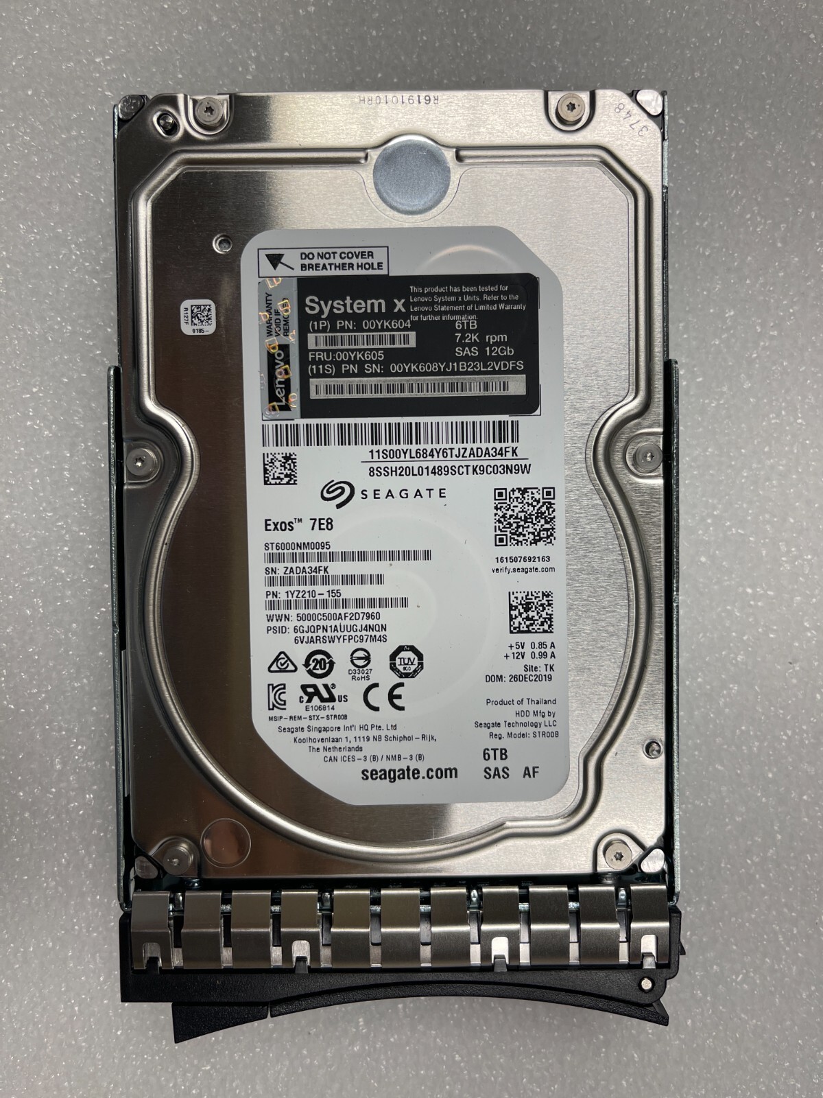 Seagate Exos 7E8 6TB SAS 12GB 7.2K ST6000NM0095 with IBM Caddy FRU: 00YK605