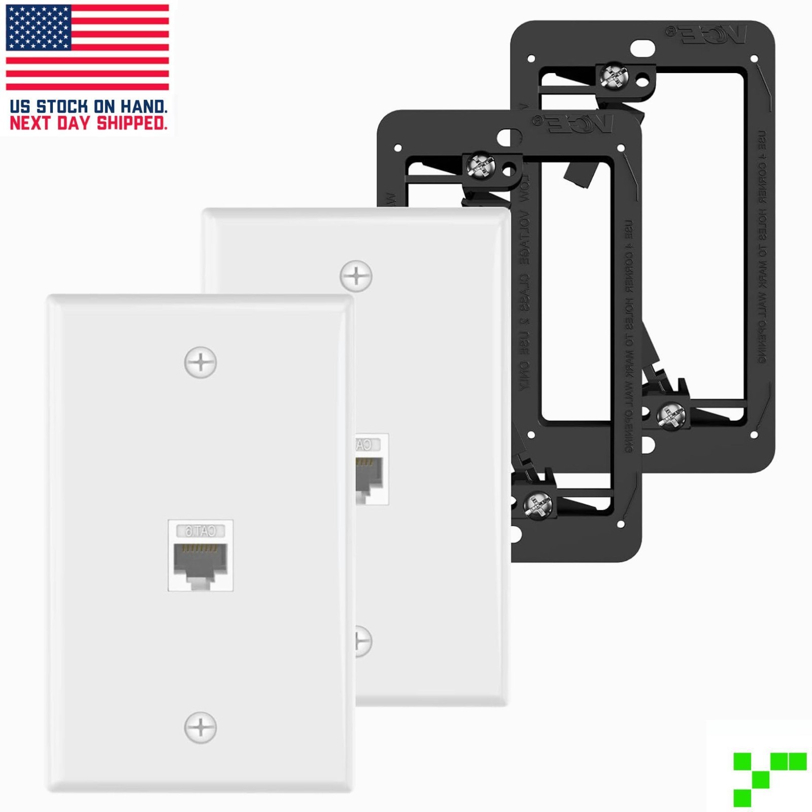(2x) 1-Port Ethernet Wall Plate 2x CAT6 Single Gang Keystone Network w/ Bracket
