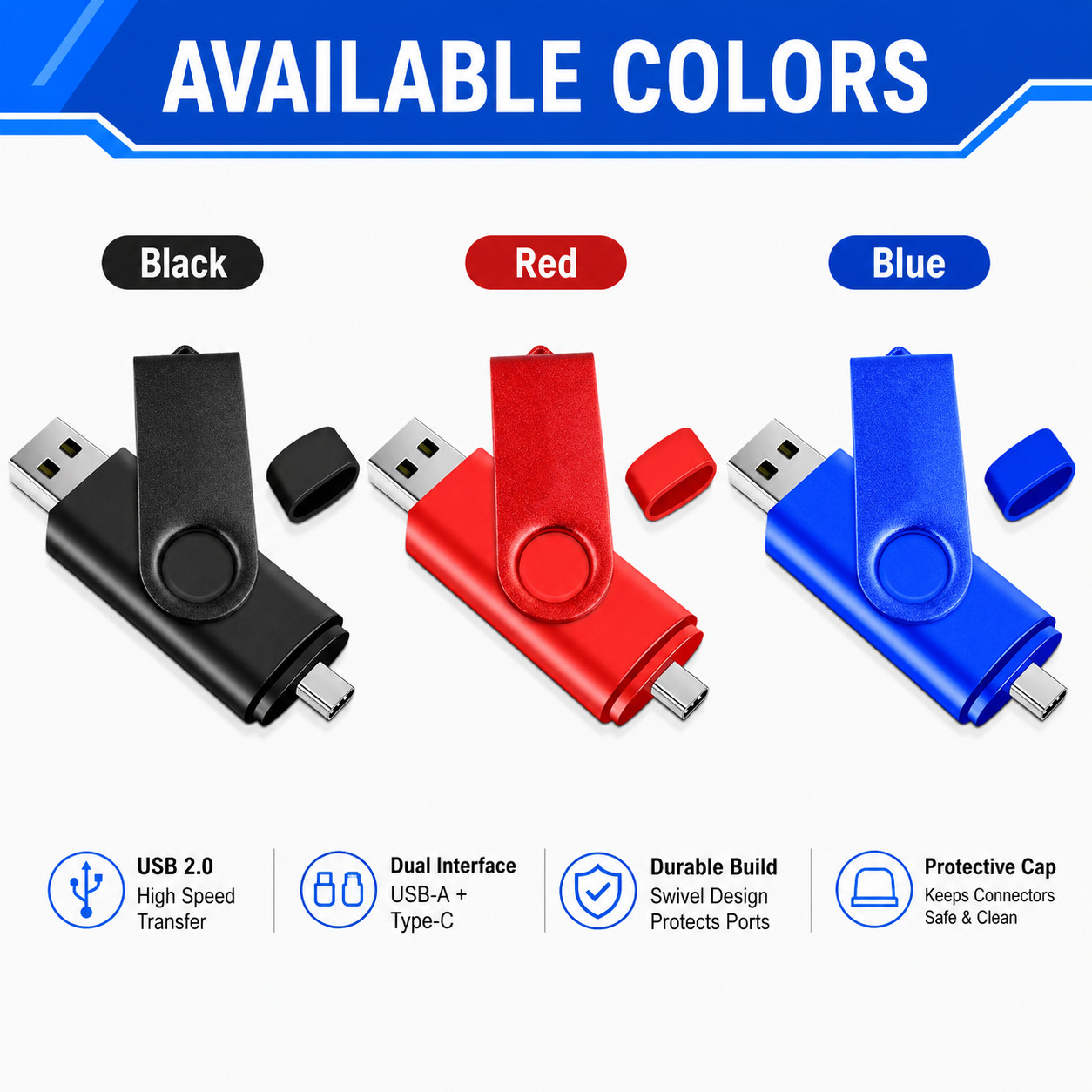 256GB USB 2.0 USB-A & USB-C Flash Drive Dual Connector Portable