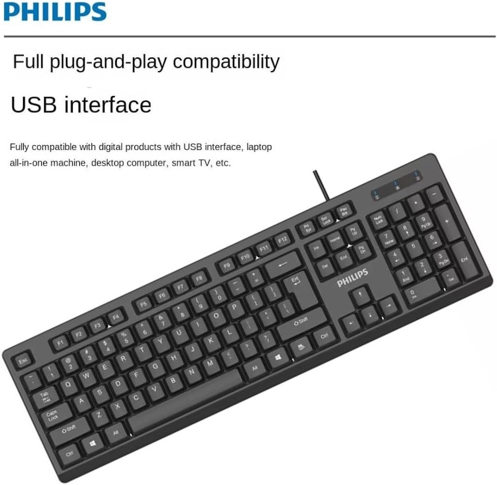 Philips USB Keyboard for Home or Office – 104/105 Quiet-Click Keys, Ergonomic, L