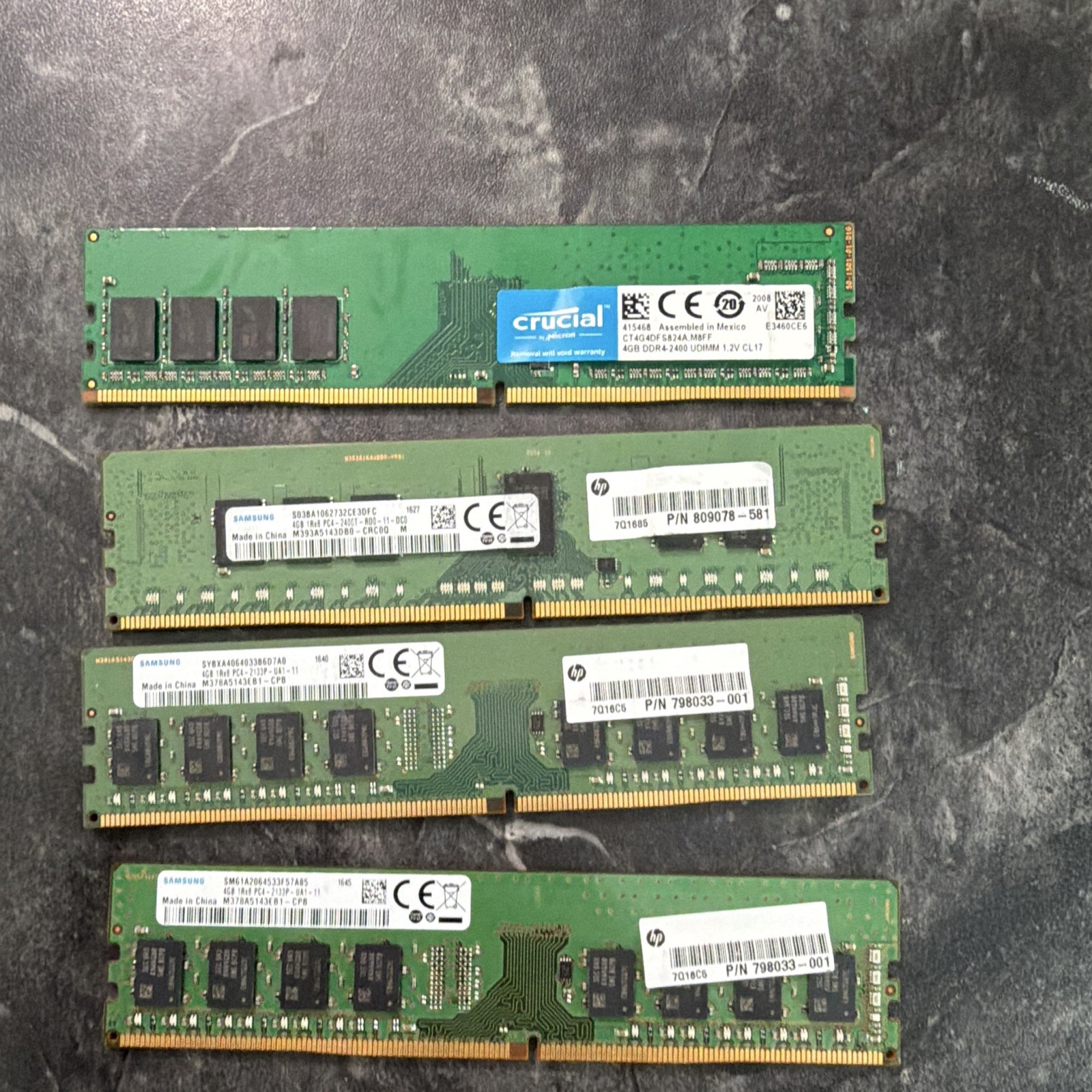 Lot of 4 DDR4 Ram Samsung (3x4GB) 1x 2400T 2x2133p DDR4 & 1 Crucial 1x4gb 2400