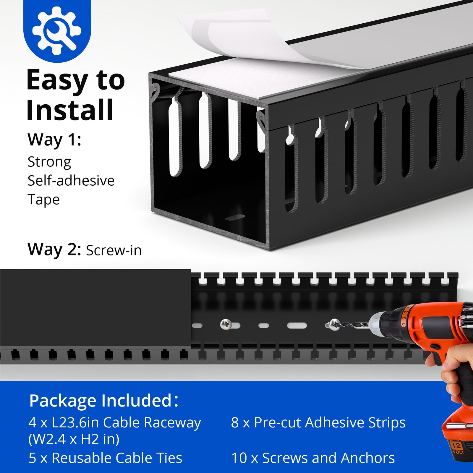 Cable Management Raceway 95in PVC Open-Slot Cable Organizer Kit 4×23.6in