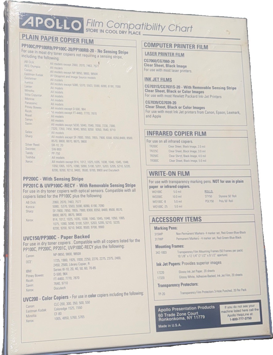 Apollo Ink Jet Transparency Film CG7031S for HP Printers 50 Sheets 8.5×11 Clear