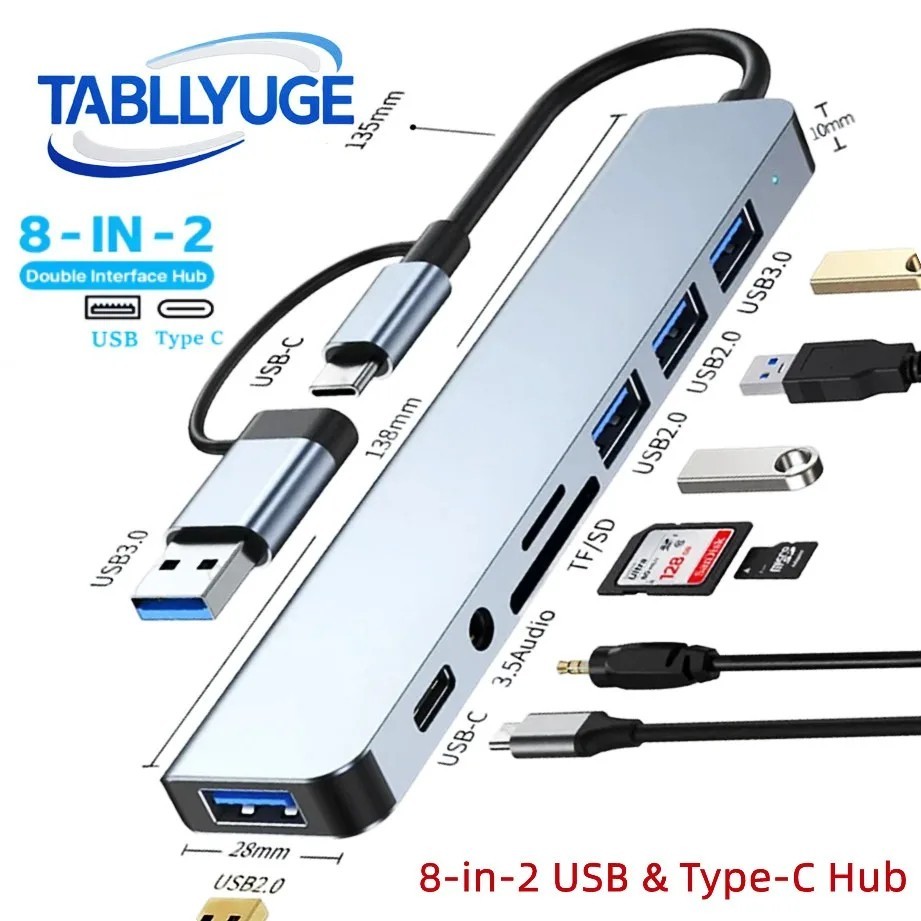 8 in 2Port USB-C Hub Adapter – 5G Speed Multi Splitter for PC, Laptop & MacBook