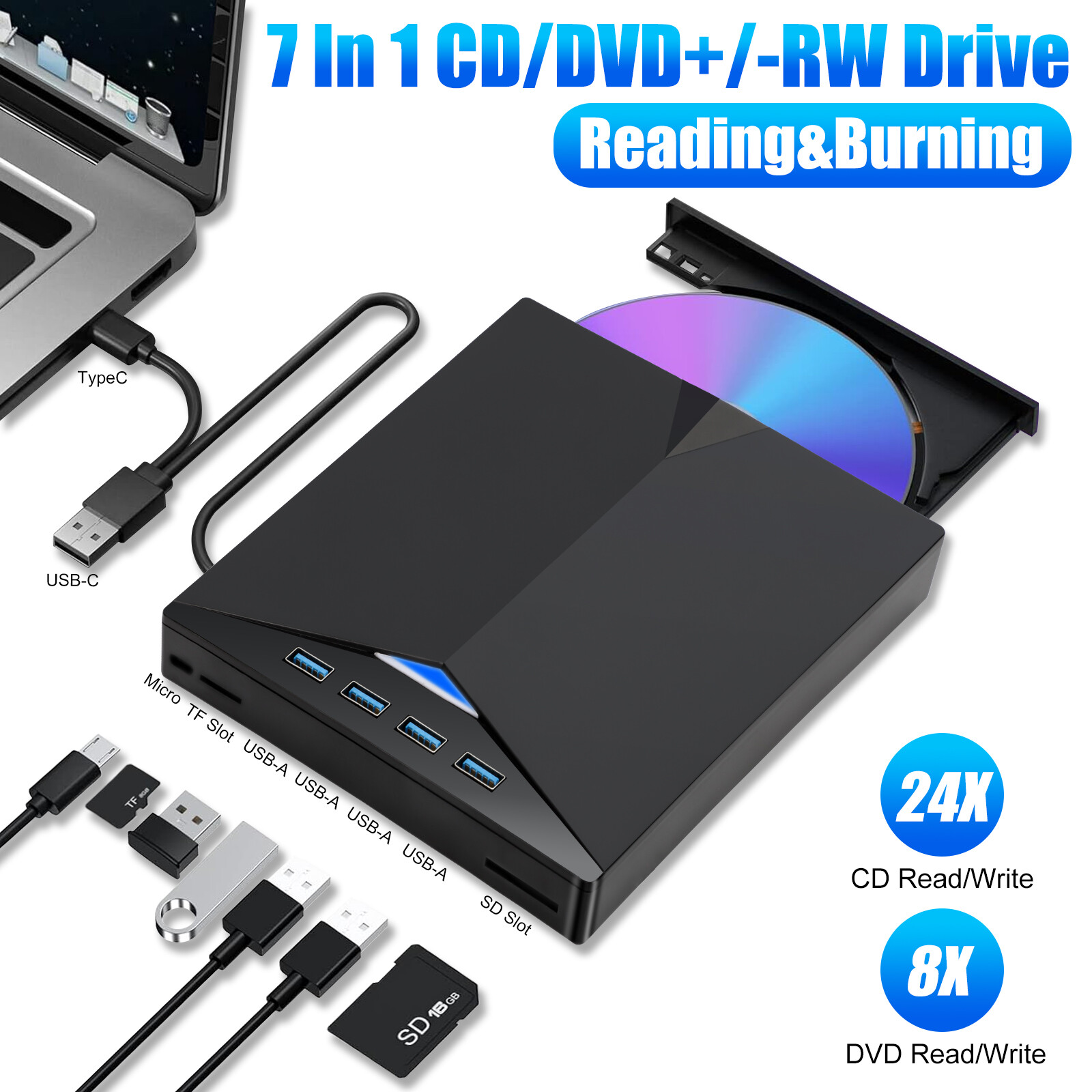 Slim External CD DVD RW Drive USB 3.0 Writer Burner Player Black For Laptop PCS