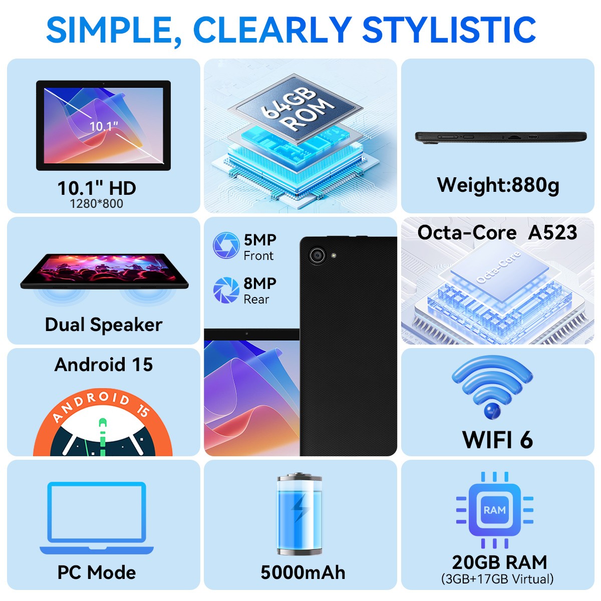 PC Tablet Android 15 Octa-Core 20(3+17)GB RAM 64GB ROM 1TB TF IPS 5000mAh WIFI